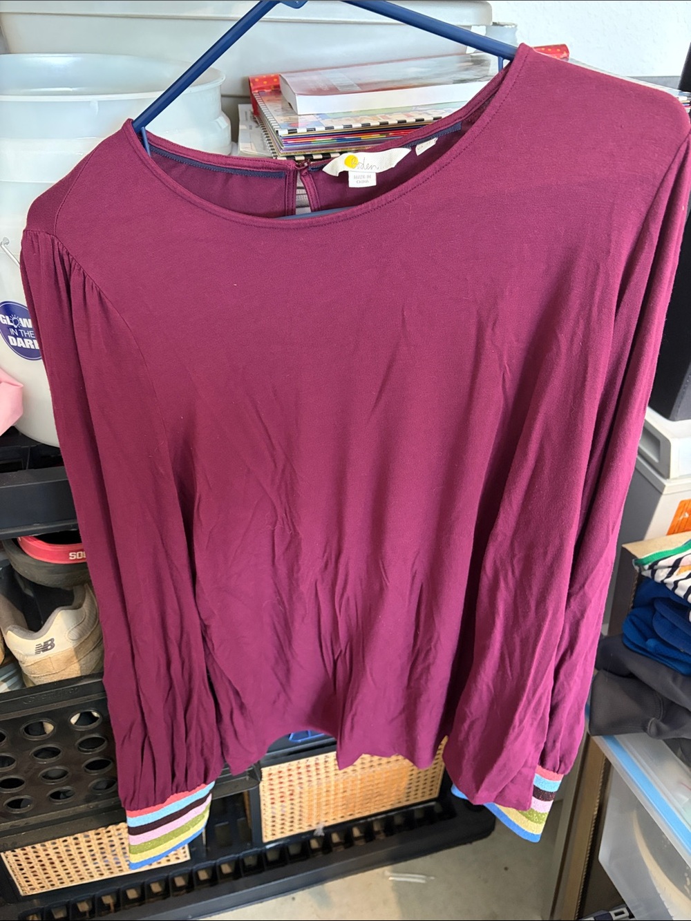 Boden Long Sleeve Top in Burgundy with Multicolor Stripe Cuffs